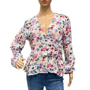 GUESS Sadiya Women's White with Floral Print Peplum Top Blouse Sz XL